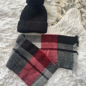 Steve Madden Black Pom Beanie + Plaid Scarf Cozy Winter Bundle